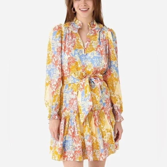 Hunter Bell Blakely Long Sleeve Silk Dress in Colorful Flower Patchwork, Medium - Picture 1 of 10